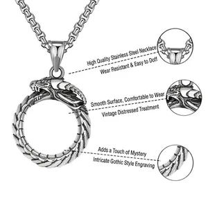 Collier avec pendentif dragon en acier inoxydable rétro et style gothique argenté