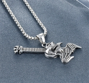 Punk rock skull electric guitar pendant necklace in vintage silver stainless steel