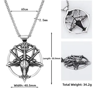 Gothic Baphomet goat head pendant necklace in retro steel with detailed dimensions