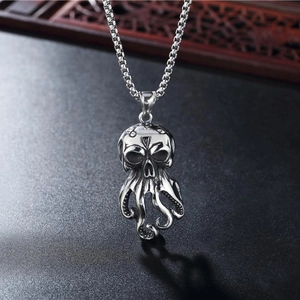 Gothic punk octopus skull pendant necklace in vintage silver steel for men and women