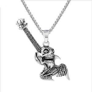 Retro Punk Skull Guitar Pendant Necklace For Men Stainless Steel Alloy Rock Gothic Jewelry Gift Silver Tone Accessory