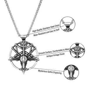 Gothic pentagram goat head pendant necklace in retro silver stainless steel with pearl chain