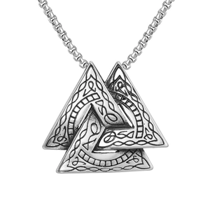 Vintage Viking Valknut Triangle Pendant Necklace Stainless Steel Celtic Knot Nordic Mythology Jewelry Men Women Silver