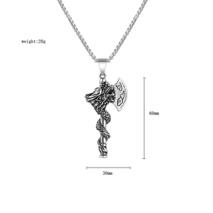 Detailed view of dragon axe pendant with size measurements 60x30mm and 28g weight