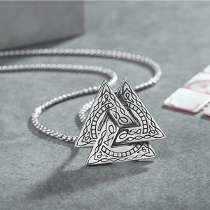 Vintage stainless steel Viking Valknut pendant necklace with an antique silver finish