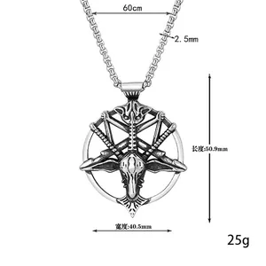 Vintage stainless steel Baphomet goat head pentagram pendant necklace with dimensions