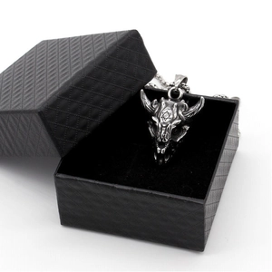 Gothic bull skull necklace with hexagram engraving in a black jewelry box for men and women