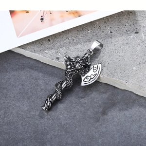 Retro stainless steel dragon axe pendant necklace with cloud patterns for men