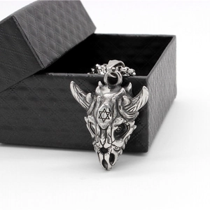 Vintage titanium steel bull skull pendant with hexagram detail and elegant gift box