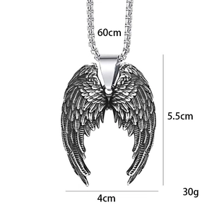 Collier avec pendentif ailes d'ange en acier inoxydable vintage et plumes texturées argent