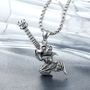 Punk rock skull guitar pendant necklace in vintage stainless steel on a box chain