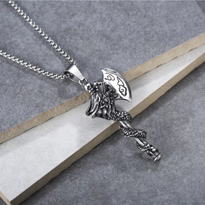 Retro stainless steel dragon battle axe pendant necklace with box chain for men