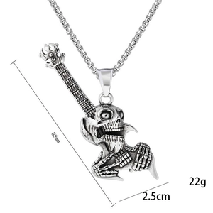 Gothic punk skull guitar pendant necklace in vintage stainless steel with size specs