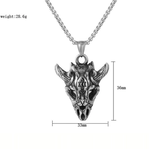 Gothic bull devil skull pendant necklace in vintage stainless steel with box chain