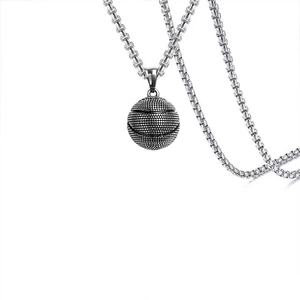 Mens vintage silver basketball pendant necklace with durable steel box chain