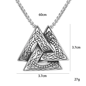 Retro Viking Valknut triangle pendant necklace in stainless steel with 60cm chain