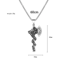 Retro stainless steel dragon axe pendant necklace with box chain for men on white background