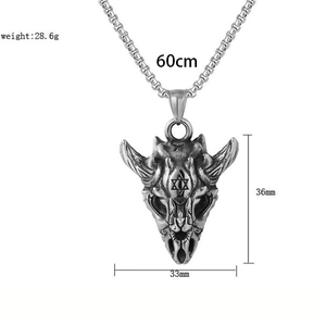Retro hexagram beast skull pendant in silver finish with box chain and dimensions