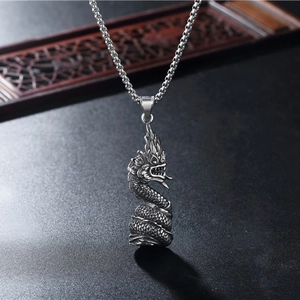 Vintage silver stainless steel dragon pendant necklace with detailed dragon scale texture