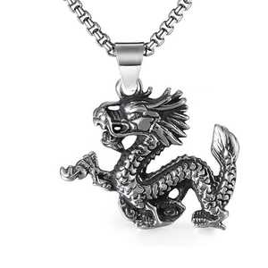 Vintage Chinese Dragon Pendant Necklace For Men Women Punk Gothic Stainless Steel Alloy Jewelry Silver Tone Animal Dragon Necklace