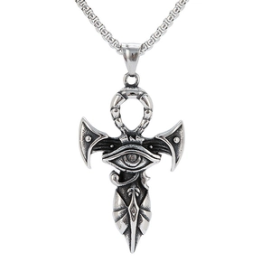 Vintage Egyptian Eye Of Horus Ankh Cross Pendant Necklace Distressed Stainless Steel Alloy Religious Jewelry For Men Women Unisex Antique Silver Tone Gift