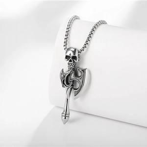 Retro stainless steel punk skull battle axe pendant necklace with box chain for men