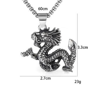 Stainless steel dragon pendant necklace with 60cm chain dimensions and size details