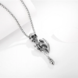 Punk style skull and axe pendant necklace in vintage silver finish on pearl chain