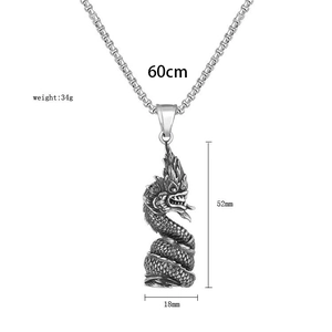 Vintage stainless steel Chinese dragon pendant necklace with polished square pearl chain