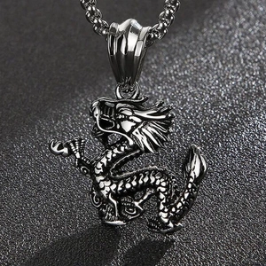 Gothic punk style stainless steel dragon pendant necklace with intricate silver dragon scales