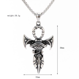 Stainless steel Eye of Horus Ankh cross pendant necklace with vintage silver finish
