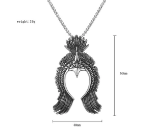 Detailed view showing dimensions of eagle wing pendant: 68mm height, 40mm width, and 19g weight