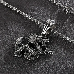 Gothic punk style stainless steel dragon pendant necklace with intricate scales for men