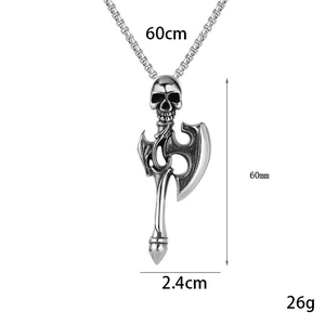 Hip hop skull battle axe pendant necklace in vintage titanium steel on a white background