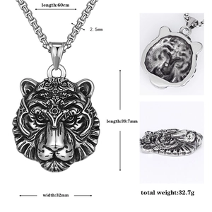 Vintage Tigerkopf Anhänger Halskette für Herren aus Edelstahl mit 60cm langer Perlenkette