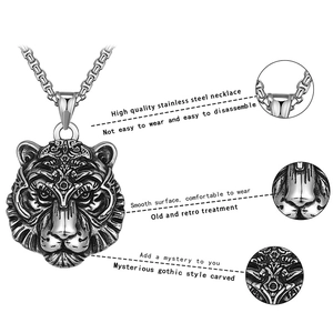 Gotische Tigerkopf Halskette für Herren aus Retro Edelstahl mit quadratischer Gliederkette