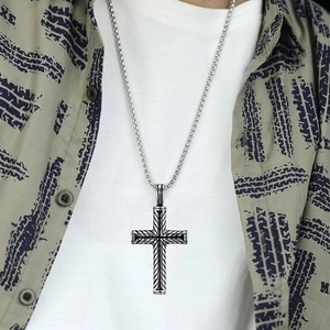 Vintage silver cross necklace in woven texture on stainless steel pendant for men