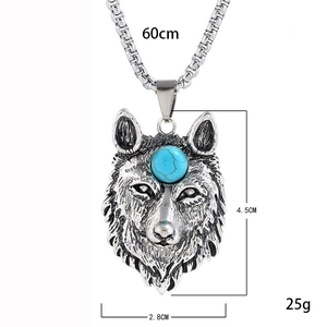 Retro punk wolfskop hanger ketting met turquoise en 60cm roestvrijstalen schakelketting