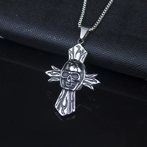 Punk Skull Cross Stainless Steel Alloy Pendant Necklace Gothic Vintage Flame Pattern Rock Hip Hop Jewelry For Men Women