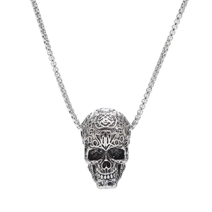 Vintage stainless steel skull necklace with detailed floral engraving and box chain link