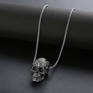 Gothic vintage skull pendant necklace in antique silver finish with pearl chain
