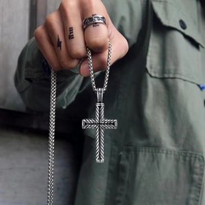 Vintage stainless steel cross necklace for men with textured pendant and ball chain