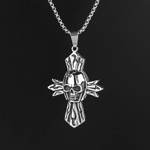 Vintage silver punk skeleton skull cross pendant necklace in durable stainless steel