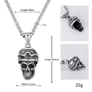 Men's gothic skull pendant necklace in titanium steel with polished box chain link