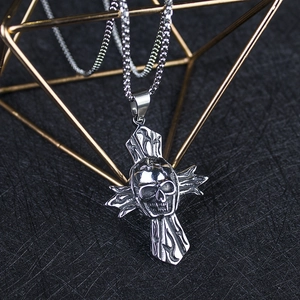 Retro stainless steel skull cross pendant necklace with flame carvings and pearl chain