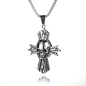 Punk rocker skull and flame cross pendant necklace made of high quality stainless steel