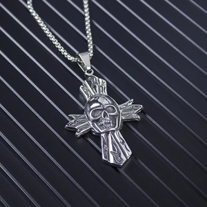 Gothic silver skull and flame cross pendant necklace made of durable stainless steel