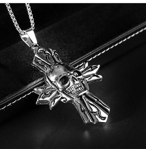 Punk gothic skull and flame cross pendant in polished stainless steel on a ball chain
