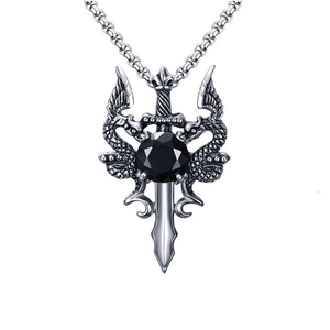 Detailed close-up of Gothic dragon sword pendant with a large black gemstone inlay