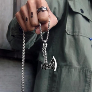 Vintage stainless steel Viking axe pendant necklace with retro engraved textures for men